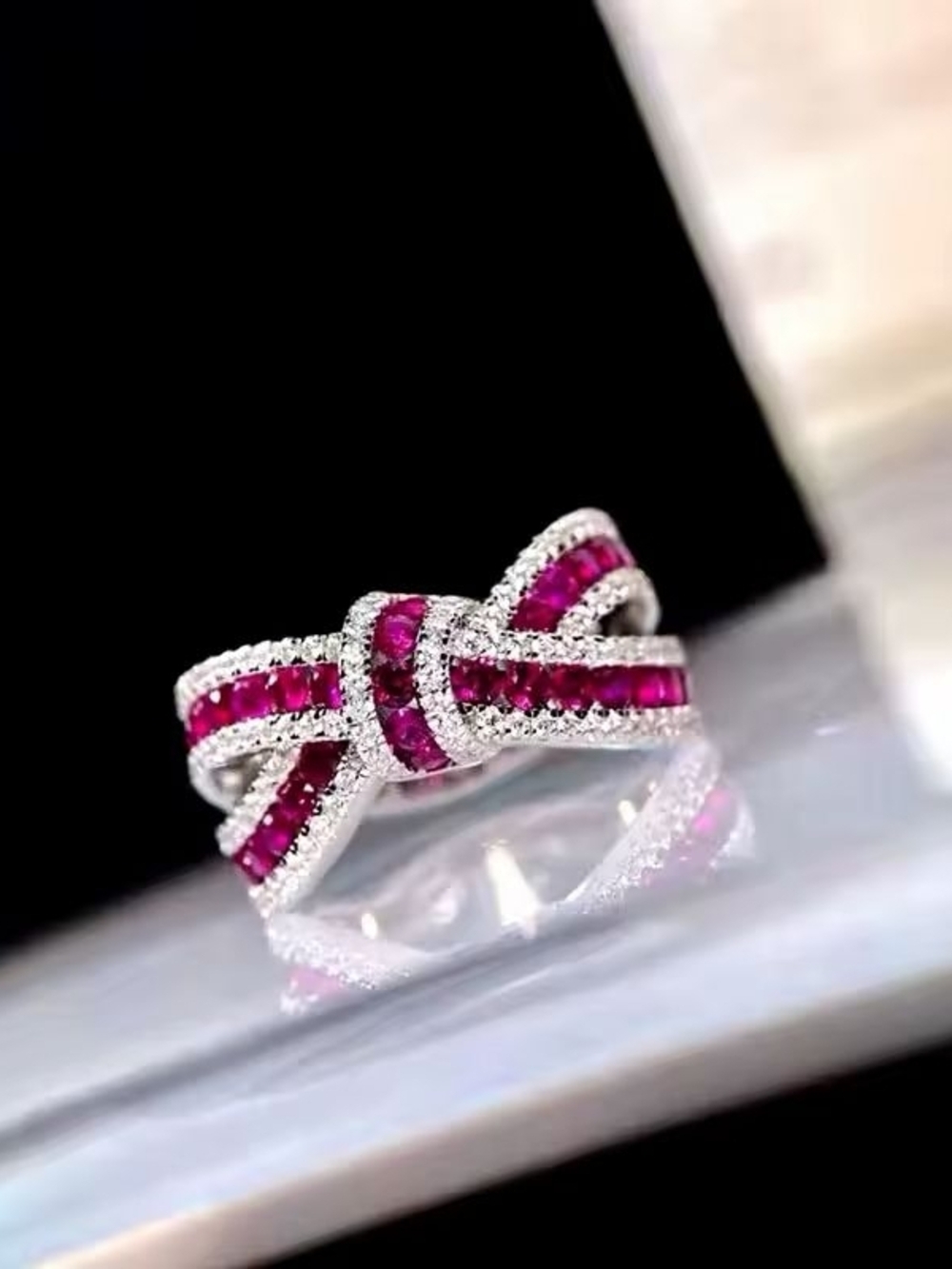Silver Ring with Vivid Pink Gem Bow - Picture 2 of 5